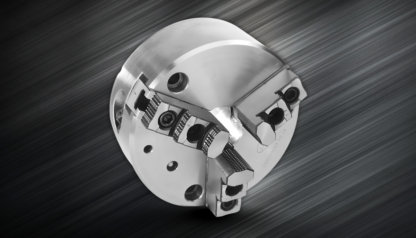 standard CNC lathe chuck precision metal workholding component industrial equipment product photography
